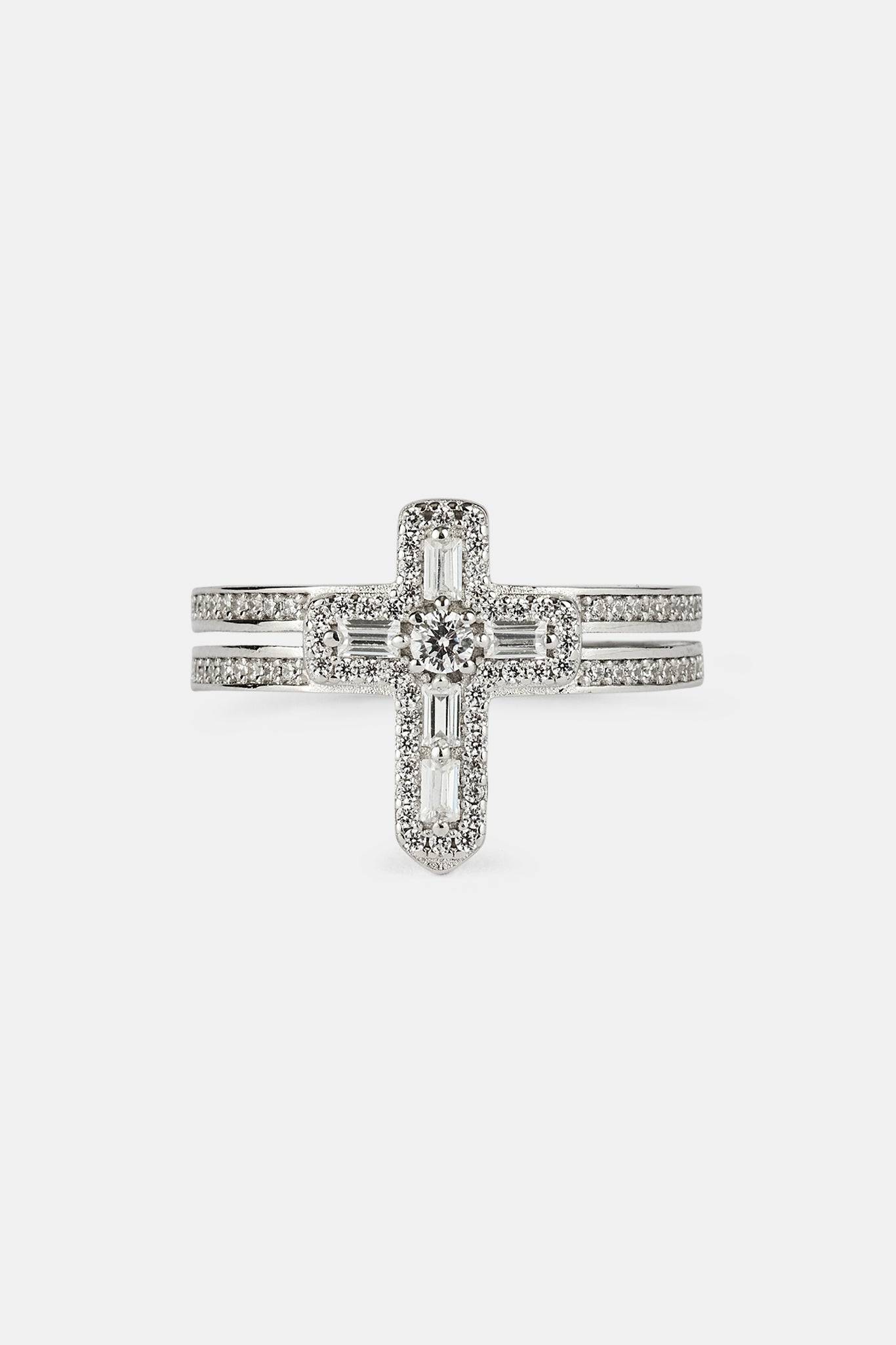 Iced Cross Double Row Ring - 15mm - White Gold